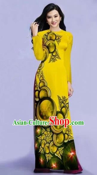 Traditional Top Grade Asian Vietnamese Costumes Dance Dress, Vietnam National Female Printing Yellow Ao Dai Dress Cheongsam Clothing for Women