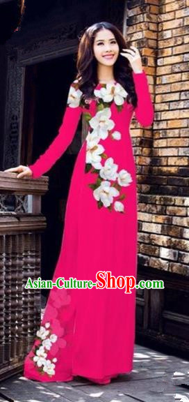 Traditional Top Grade Asian Vietnamese Costumes Dance Dress, Vietnam National Female Printing Flowers Rose Ao Dai Dress Cheongsam Clothing for Women
