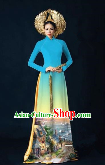 Traditional Top Grade Asian Vietnamese Costumes Dance Dress, Vietnam National Women Ao Dai Dress Printing View Blue Cheongsam Clothing