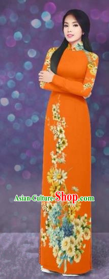 Traditional Top Grade Asian Vietnamese Costumes Dance Dress, Vietnam National Women Ao Dai Dress Printing Daisy Flowers Long Orange Cheongsam Clothing