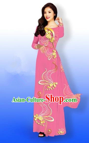 Traditional Top Grade Asian Vietnamese Costumes Dance Dress and Loose Pants, Vietnam National Women Ao Dai Dress Printing Long Rose Cheongsam Clothing Complete Set