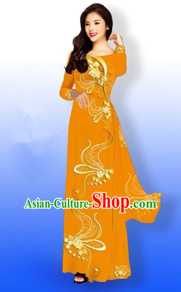 Traditional Top Grade Asian Vietnamese Costumes Dance Dress and Loose Pants, Vietnam National Women Ao Dai Dress Printing Long Orange Cheongsam Clothing Complete Set