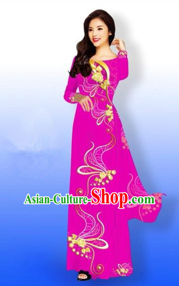 Traditional Top Grade Asian Vietnamese Costumes Dance Dress and Loose Pants, Vietnam National Women Ao Dai Dress Printing Long Rose Cheongsam Clothing Complete Set
