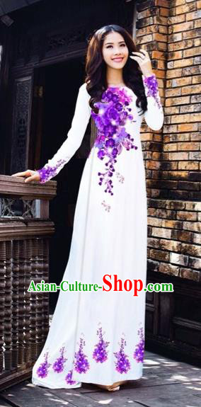 Traditional Top Grade Asian Vietnamese Costumes Dance Dress, Vietnam National Women Ao Dai Dress Printing Purple Flowers White Cheongsam Clothing