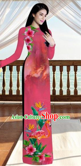 Traditional Top Grade Asian Vietnamese Costumes, Vietnam National Ao Dai Dress Printing Flowers Crane Light Red Qipao for Women