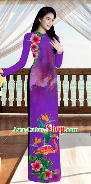 Traditional Top Grade Asian Vietnamese Costumes, Vietnam National Ao Dai Dress Printing Flowers Crane Purple Qipao for Women