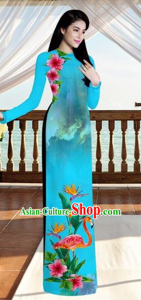 Traditional Top Grade Asian Vietnamese Costumes, Vietnam National Ao Dai Dress Printing Flowers Crane Peacock Blue Qipao for Women