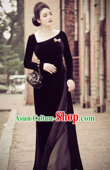 Traditional Top Grade Asian Vietnamese Costumes Full Dress, Vietnam National Ao Dai Dress Pleuche Black Qipao for Women