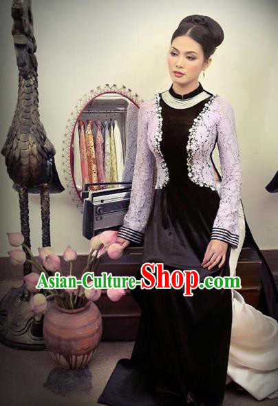 Traditional Top Grade Asian Vietnamese Costumes Handmade Full Dress, Vietnam National Ao Dai Dress Lace Pleuche Qipao for Women