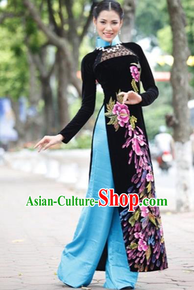 Traditional Top Grade Asian Vietnamese Costumes Handmade Embroidery Full Dress, Vietnam National Ao Dai Dress Qipao for Women