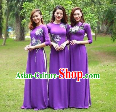 Traditional Top Grade Asian Vietnamese Costumes Classical Handmade Purple Full Dress and Loose Pants, Vietnam National Ao Dai Dress Etiquette Qipao for Women