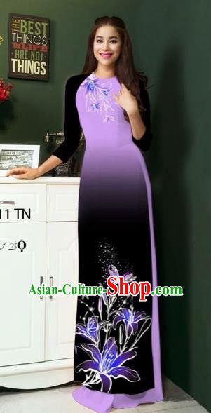 Traditional Top Grade Asian Vietnamese Costumes Classical Printing Greenish Lily Flowers Full Dress, Vietnam National Ao Dai Dress Lilac Etiquette Qipao for Women