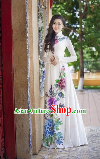 Traditional Top Grade Asian Vietnamese Costumes Classical Printing Peony Pattern Full Dress, Vietnam National Ao Dai Dress White Etiquette Qipao for Women