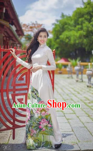 Traditional Top Grade Asian Vietnamese Costumes Classical Printing Lotus Pattern Full Dress, Vietnam National Ao Dai Dress White Etiquette Qipao for Women
