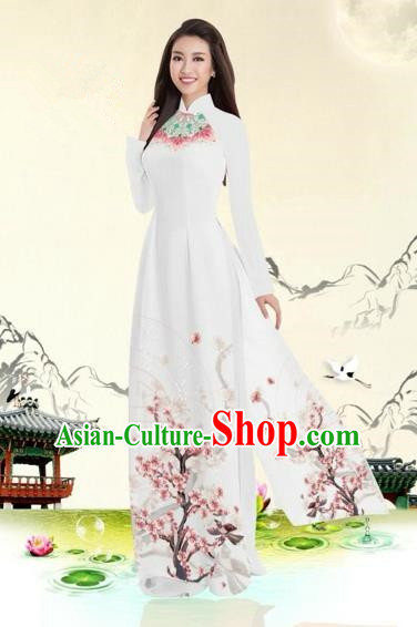 Traditional Top Grade Asian Vietnamese Costumes Classical Plum Blossom Pattern Full Dress, Vietnam National Ao Dai Dress White Etiquette Qipao for Women