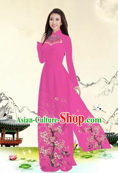 Traditional Top Grade Asian Vietnamese Costumes Classical Plum Blossom Pattern Full Dress, Vietnam National Ao Dai Dress Pink Etiquette Qipao for Women