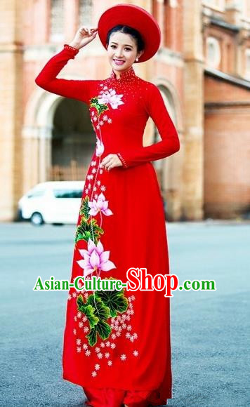 Traditional Top Grade Asian Vietnamese Costumes Classical Wedding Red Full Dress, Vietnam National Ao Dai Dress Bride Qipao for Women