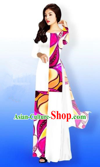 Traditional Top Grade Asian Vietnamese Costumes Classical Printing Full Dress, Vietnam National Ao Dai Dress Bride White Qipao for Women