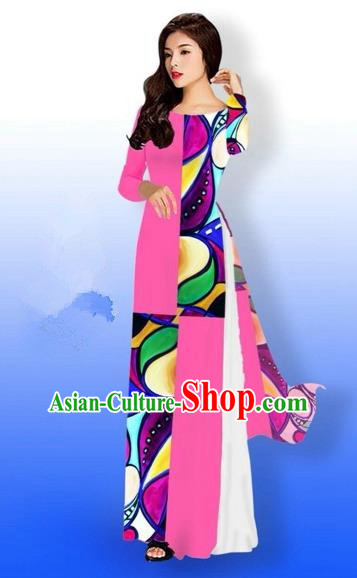 Traditional Top Grade Asian Vietnamese Costumes Classical Printing Full Dress, Vietnam National Ao Dai Dress Bride Pink Qipao for Women