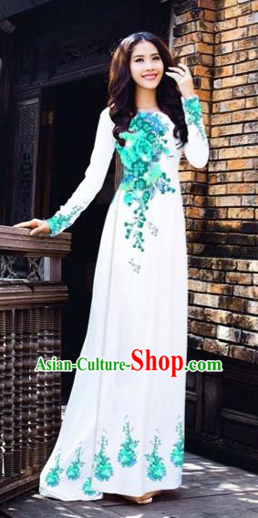 Traditional Top Grade Asian Vietnamese Costumes Dance Dress, Vietnam National Women Ao Dai Dress Printing Blue Flowers Cheongsam Clothing