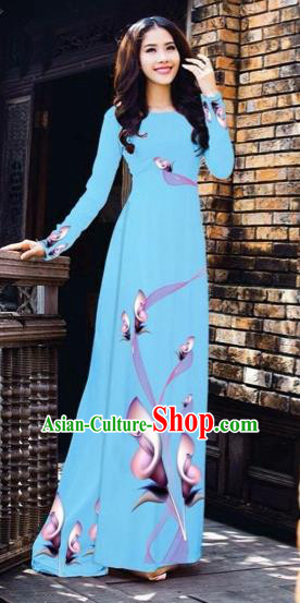 Traditional Top Grade Asian Vietnamese Costumes Classical Printing Flowers Pattern Full Dress, Vietnam National Ao Dai Dress Sky Blue Etiquette Qipao for Women