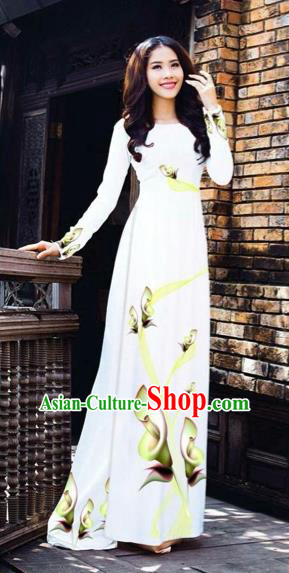 Traditional Top Grade Asian Vietnamese Costumes Classical Printing Flowers Pattern Full Dress, Vietnam National Ao Dai Dress White Etiquette Qipao for Women