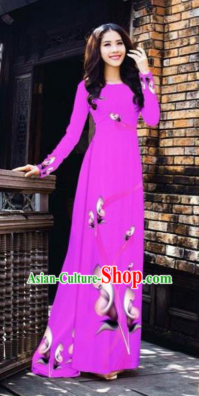 Traditional Top Grade Asian Vietnamese Costumes Classical Printing Flowers Pattern Full Dress, Vietnam National Ao Dai Dress Violet Etiquette Qipao for Women
