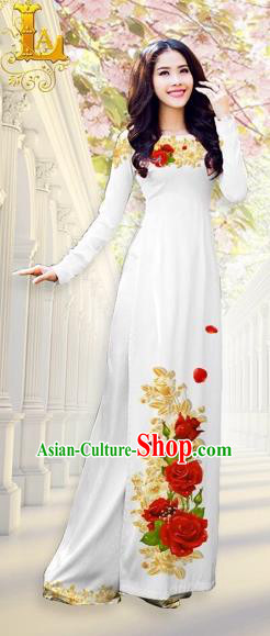Traditional Top Grade Asian Vietnamese Costumes, Vietnam National Ao Dai Dress Printing Flowers White Qipao for Women