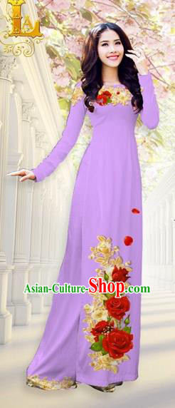 Traditional Top Grade Asian Vietnamese Costumes, Vietnam National Ao Dai Dress Printing Flowers Lilac Qipao for Women