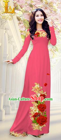 Traditional Top Grade Asian Vietnamese Costumes, Vietnam National Ao Dai Dress Printing Flowers Watermelon Red Qipao for Women