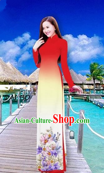 Traditional Top Grade Asian Vietnamese Costumes Full Dress, Vietnam National Ao Dai Dress Printing Flowers Red Stand Collar Qipao for Women