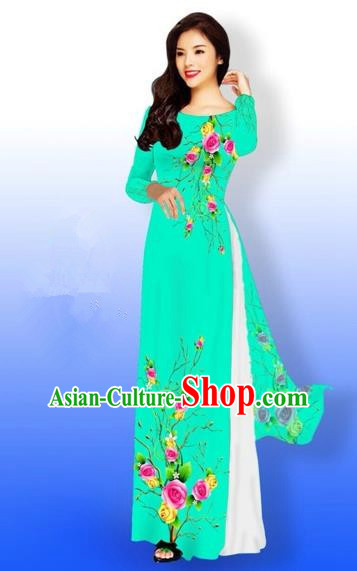 Traditional Top Grade Asian Vietnamese Costumes Full Dress, Vietnam National Ao Dai Dress Printing Rose Flowers Green Qipao for Women