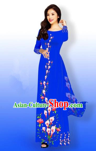 Traditional Top Grade Asian Vietnamese Costumes Full Dress, Vietnam National Ao Dai Dress Printing Blue Qipao for Women