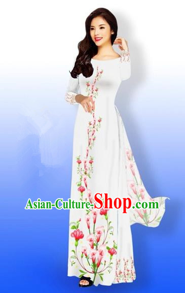 Traditional Top Grade Asian Vietnamese Costumes Full Dress, Vietnam National Ao Dai Dress Printing Flowers White Qipao for Women