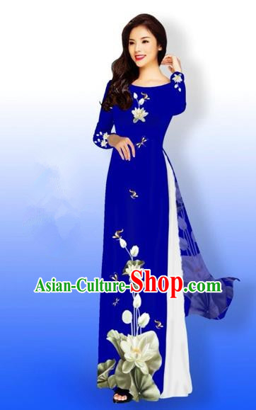 Traditional Top Grade Asian Vietnamese Costumes Full Dress, Vietnam National Ao Dai Dress Printing Flowers Round Collar Royalblue Qipao for Women