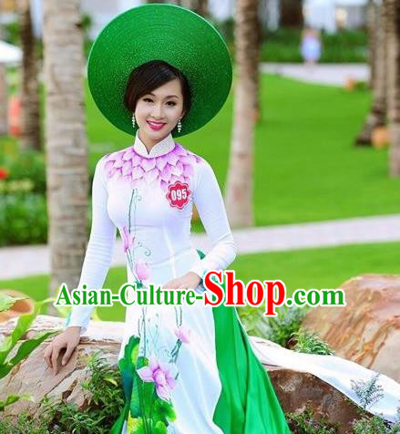 Traditional Top Grade Asian Vietnamese Costumes Classical Printing Lotus Full Dress, Vietnam National Ao Dai Dress White Qipao for Women