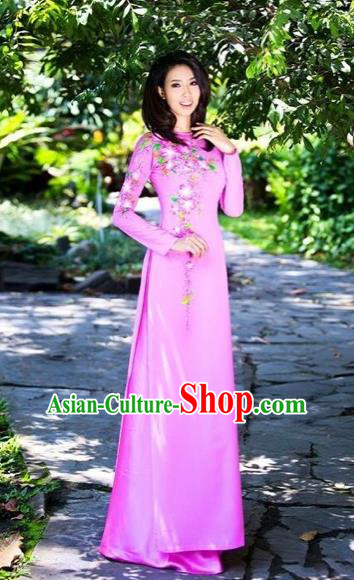 Traditional Top Grade Asian Vietnamese Costumes Classical Printing Flowers Full Dress, Vietnam National Ao Dai Dress Pink Qipao for Women