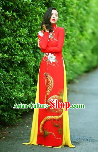 Traditional Top Grade Asian Vietnamese Costumes Classical Printing Wedding Full Dress, Vietnam National Ao Dai Dress Chinese Zodiac Snake Red Qipao for Women
