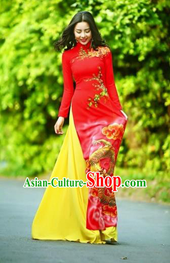 Traditional Top Grade Asian Vietnamese Costumes Classical Printing Wedding Full Dress, Vietnam National Ao Dai Dress Chinese Zodiac Dragon Red Qipao for Women