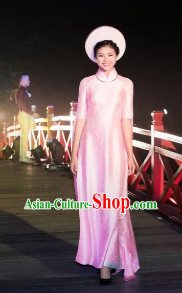 Traditional Top Grade Asian Vietnamese Costumes Classical Wedding Full Dress, Vietnam National Ao Dai Dress Bride Pink Stand Collar Qipao for Women