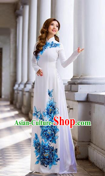 Traditional Top Grade Asian Vietnamese Costumes Classical Hand Printing Blue Flowers Dowager Full Dress, Vietnam National Ao Dai Dress Bride White Qipao for Women