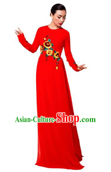 Traditional Top Grade Asian Vietnamese Costumes Classical Printing Wedding Full Dress, Vietnam National Ao Dai Dress Bride Red Round Collar Qipao for Women
