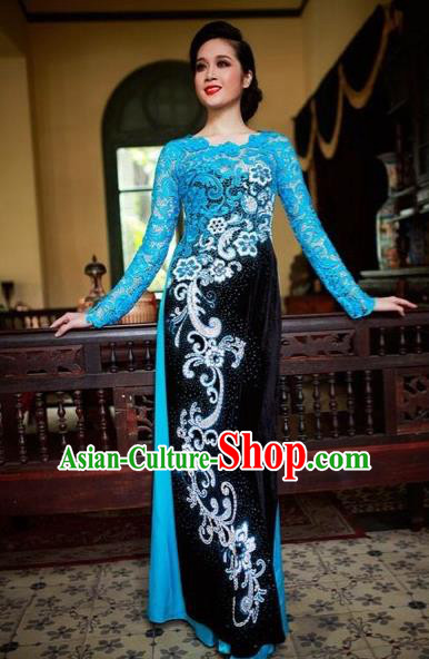 Traditional Top Grade Asian Vietnamese Costumes Classical Printing Lace Full Dress, Vietnam National Ao Dai Dress Catwalks Blue Qipao for Women