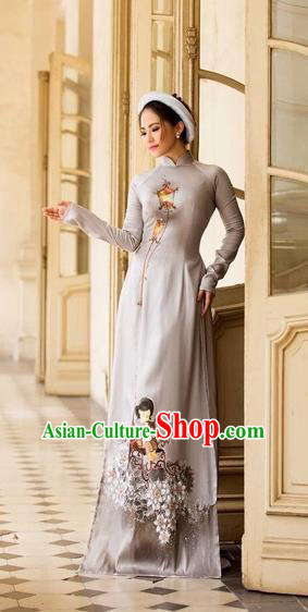Traditional Top Grade Asian Vietnamese Costumes Classical Printing Full Dress, Vietnam National Ao Dai Dress Catwalks Bride White Qipao for Women