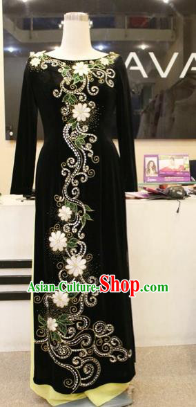 Traditional Top Grade Asian Vietnamese Costumes Classical Beading Wedding Pleuche Full Dress, Vietnam National Ao Dai Dress Catwalks Bride Black Qipao for Women