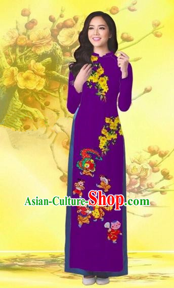 Traditional Top Grade Asian Vietnamese Costumes Classical Printing Flowers Wedding Purple Full Dress, Vietnam National Ao Dai Dress Catwalks Bride Qipao for Women