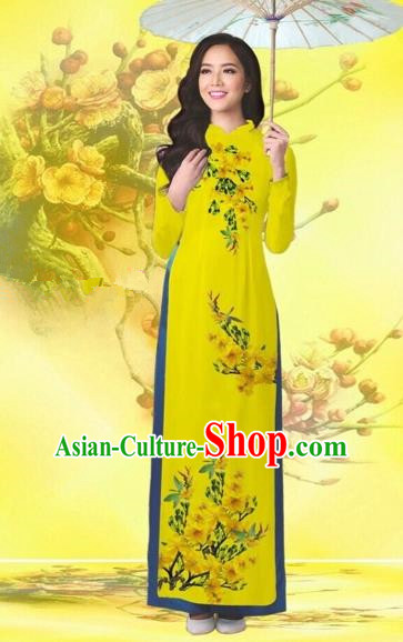 Traditional Top Grade Asian Vietnamese Costumes Classical Printing Flowers Wedding Yellow Full Dress, Vietnam National Ao Dai Dress Catwalks Bride Qipao for Women
