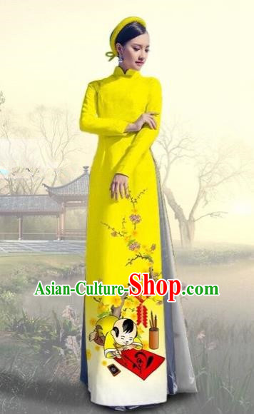 Traditional Top Grade Asian Vietnamese Costumes Classical Printing New Year Full Dress, Vietnam National Ao Dai Dress Catwalks Yellow Qipao for Women