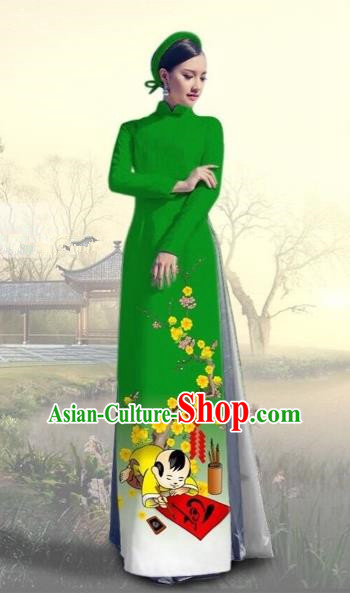 Traditional Top Grade Asian Vietnamese Costumes Classical Printing New Year Full Dress, Vietnam National Ao Dai Dress Catwalks Green Qipao for Women