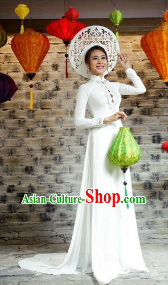 Traditional Top Grade Asian Vietnamese Costumes Classical Embroidery Full Dress, Vietnam National Ao Dai Dress Catwalks Bride White Qipao for Women